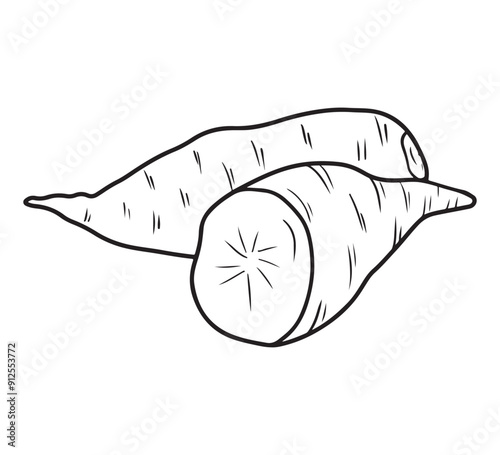 Whole and half sweet potato Ipomoea batatas unpeeled in black isolated on white background. Hand drawn vector sketch illustration in doodle engraved vintage line art style. Superfood, tasty vegetable