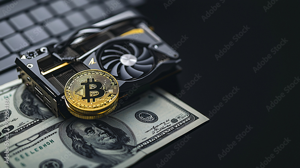 graphics card perched atop a stack of dollar bills, symbolizing the profitability of cryptocurrency mining graphics card perched atop a stack of dollar bills, symbolizing the profitability of cryptocurrency mining