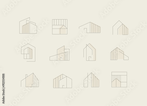 Obraz na płótnie Building and house icons drawing in modern linear style on beige beige background w salonie