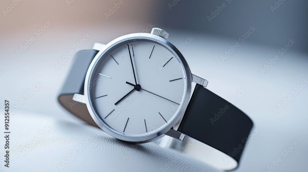 A watch with a black band and a white face A watch with a black band and a white face