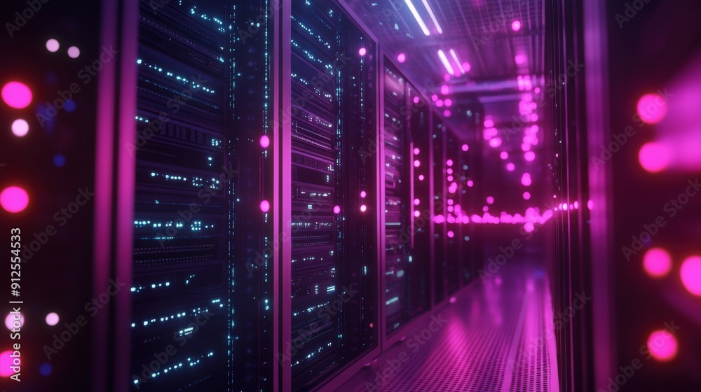 Obraz premium A row of servers lit in neon pink and blue lights.