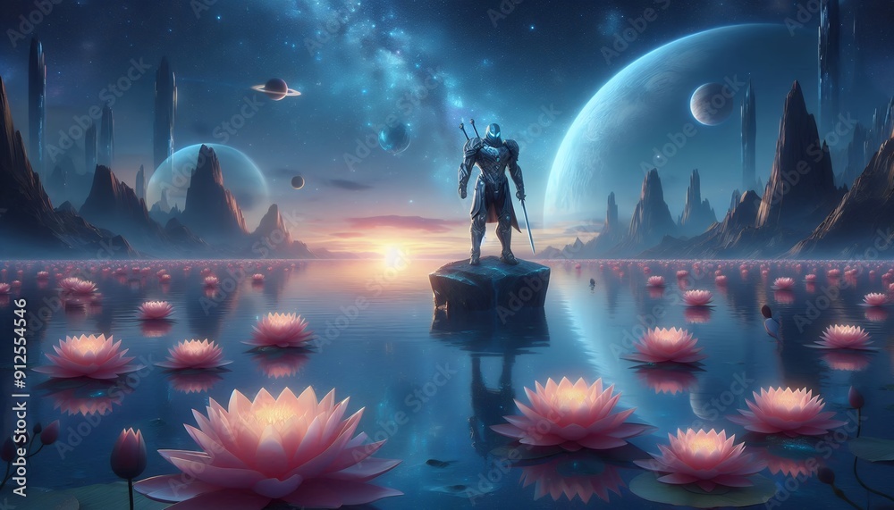 Obraz premium Ethereal Warrior Amidst Lotus Blooms