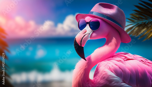 Flamant rose mignon avec lunettes de soleil et chapeau, en vacances d'été à la plage photo