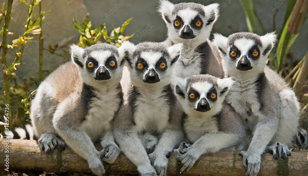 Obraz premium Group of lemurs with bright eyes surrounded by green leaves basking under soft sunlight.