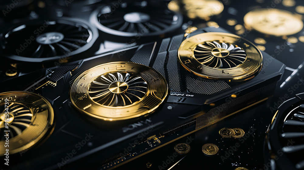 close-up of a graphics card with a reflective surface, mirroring a pile of cryptocurrency coins, symbolizing the transformation of digital power into wealth