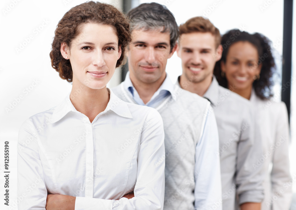 Portrait, career woman and confidence in about us with colleague, diversity or collaboration in office. Female person, serious and group for team building, employee or professional in finance firm Portrait, career woman and confidence in about us with colleague, diversity or collaboration in office. Female person, serious and group for team building, employee or professional in finance firm