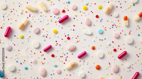 A colorful assortment of pills scattered across a white background