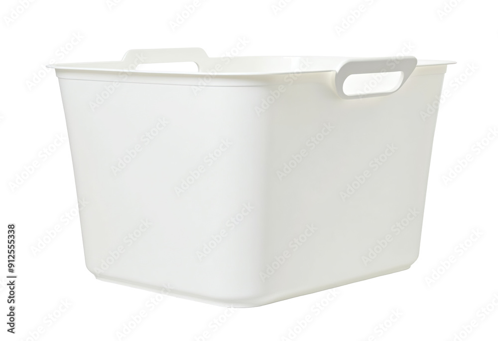 White plastic storage basket isolated, side view, clipping path. Perfect for home organization, kitchen storage, and pantry organization White plastic storage basket isolated, side view, clipping path. Perfect for home organization, kitchen storage, and pantry organization