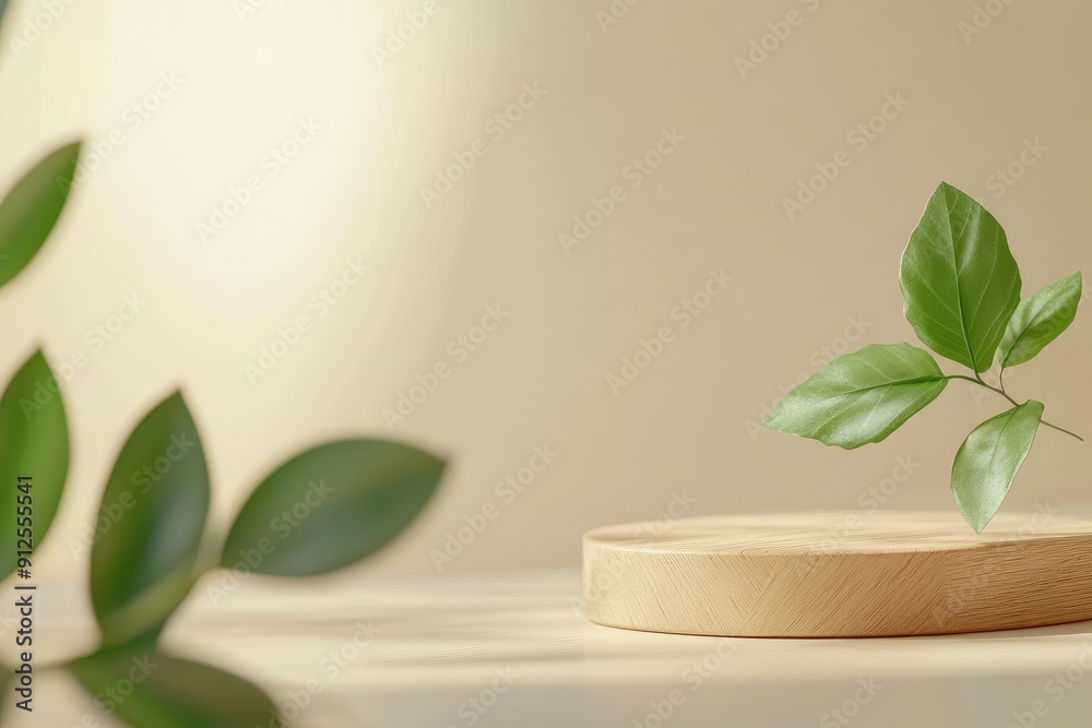 Minimal wood podium with blurred green leaf plant on beige background.Beauty cosmetic natural mild product modern display,nature eco friendly concept, ai Minimal wood podium with blurred green leaf plant on beige background.Beauty cosmetic natural mild product modern display,nature eco friendly concept, ai