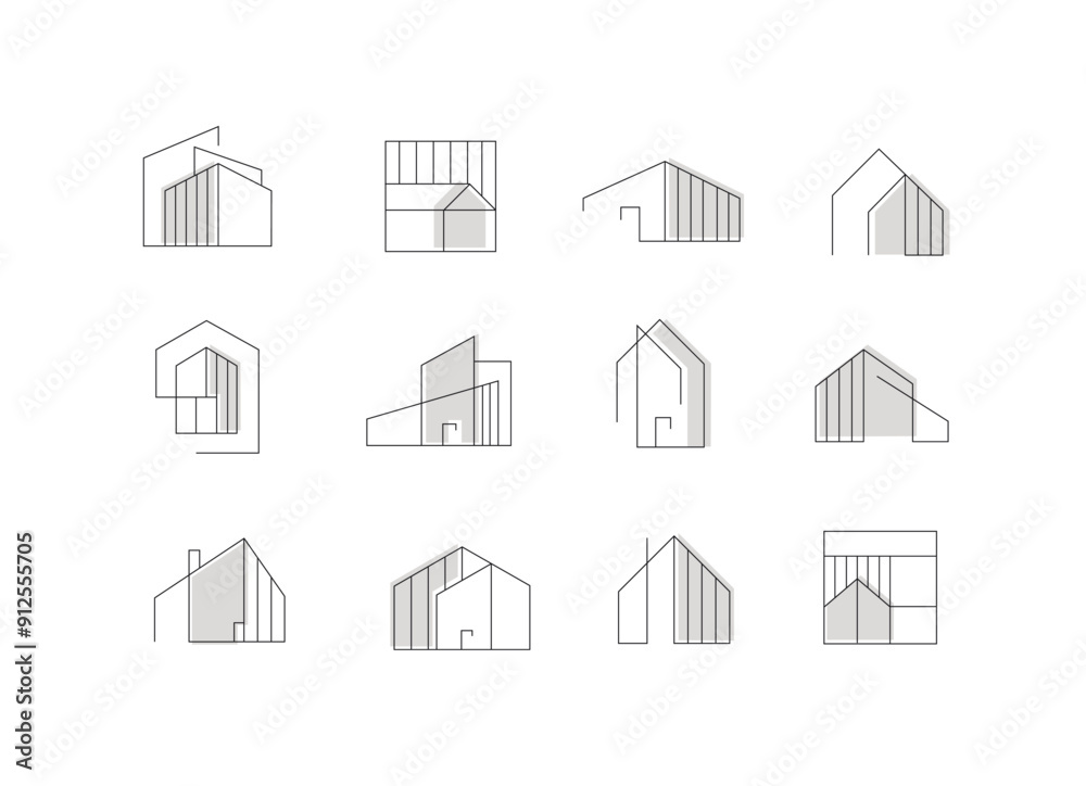 Building and house icons drawing in modern linear style on beige white background