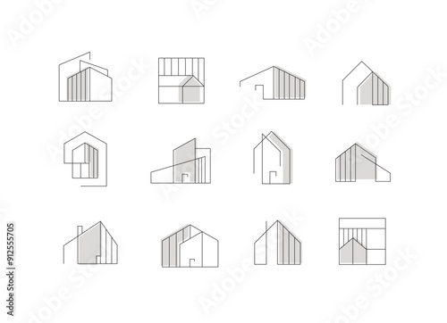 Obraz na płótnie Building and house icons drawing in modern linear style on beige white background w salonie