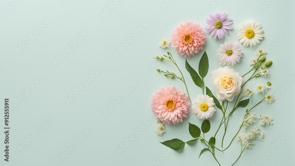 Obraz premium A colorful bouquet of flowers is arranged on a green background