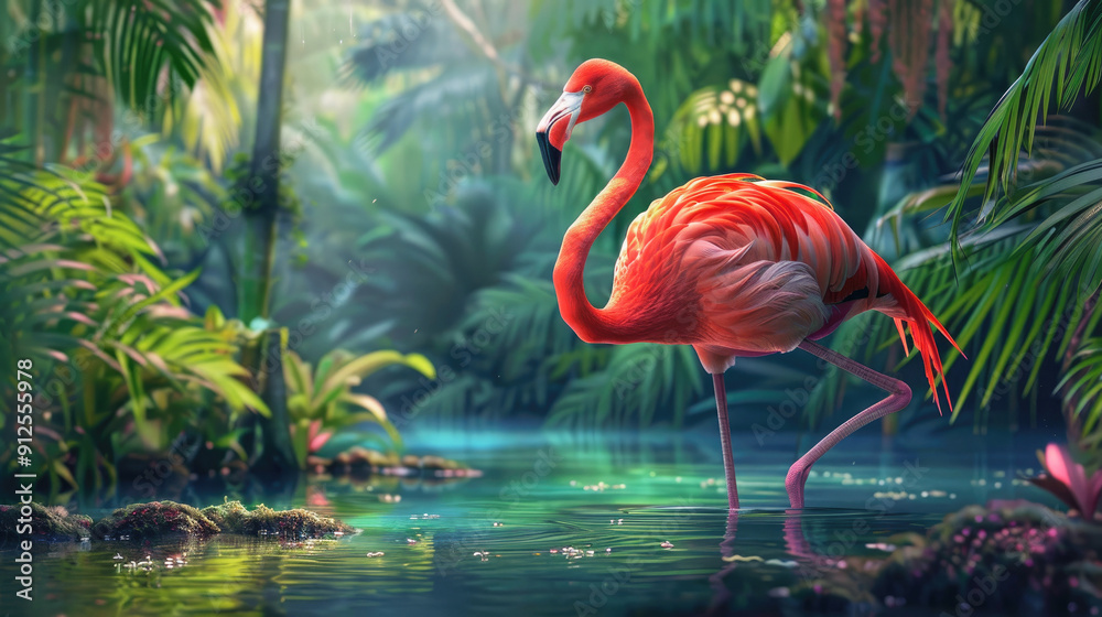 Fototapeta premium Illustration of a pink flamingo standing on one leg in a river against a tropical landscape background.