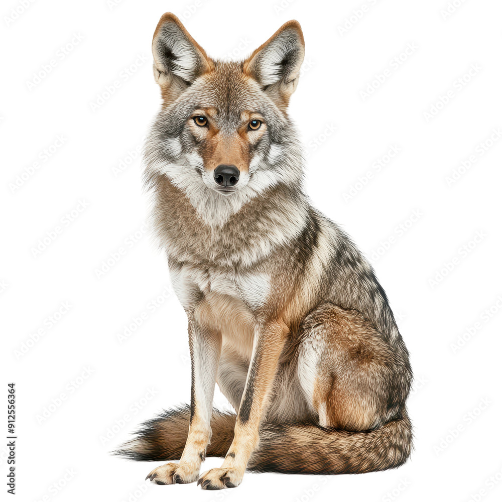 Coyote Sitting Calmly Against White Background in Natural Posture