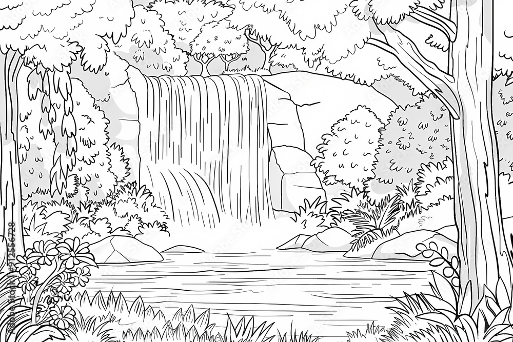 Obraz premium Waterfall in a Lush Forest Scene coloring pages