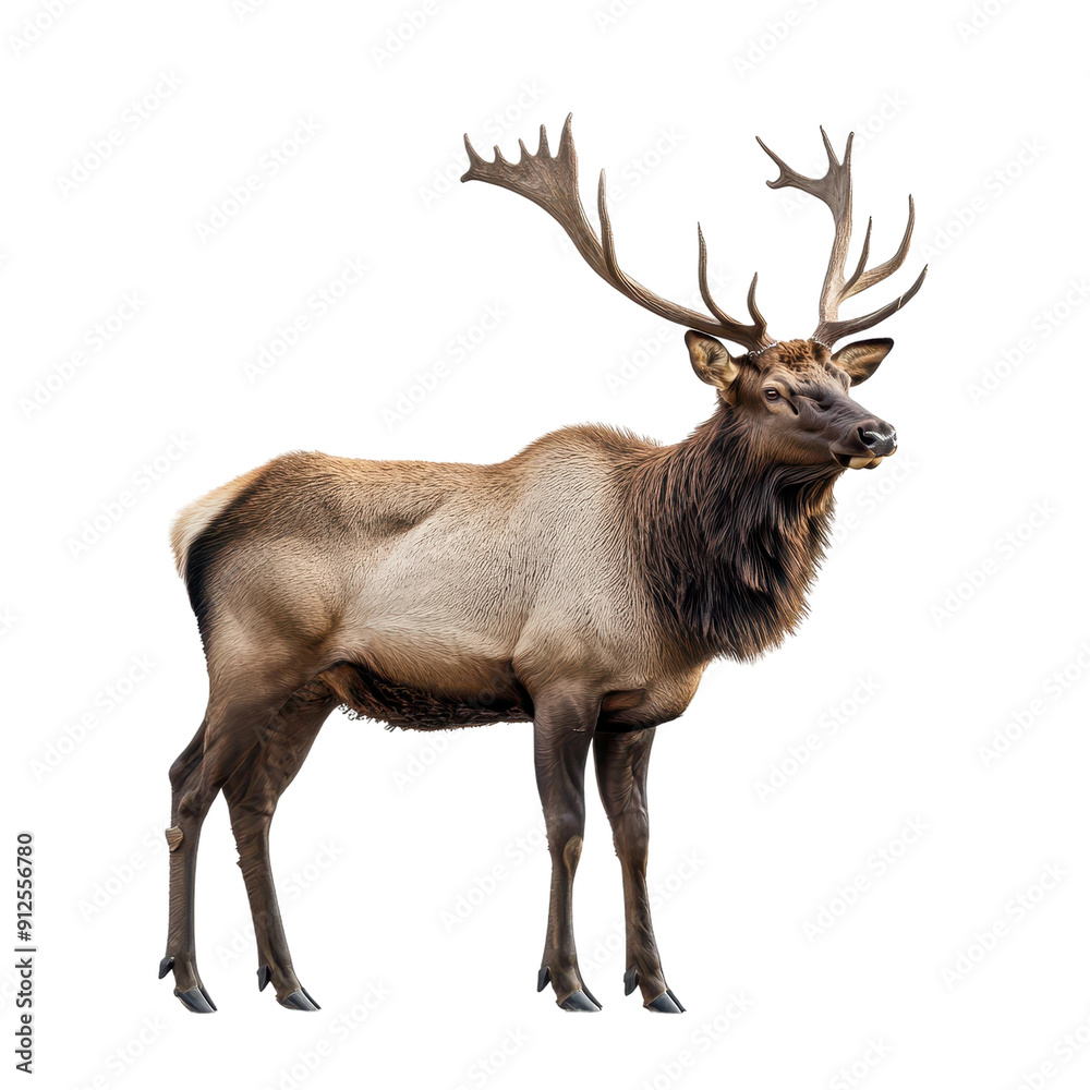 Obraz premium Elk Wapiti Standing Majestically Against White Background