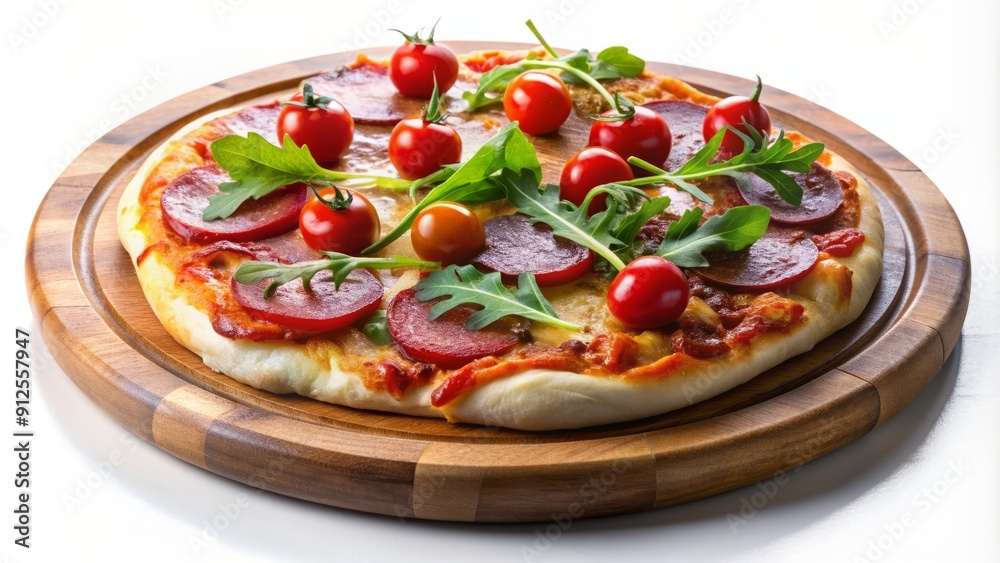 Vibrant Italian-style flatbread pizza loaded with pepperoni, salami, mozzarella, fresh ruccola, cherry tomatoes, and chili pepper on a wooden plate against a white background. Vibrant Italian-style flatbread pizza loaded with pepperoni, salami, mozzarella, fresh ruccola, cherry tomatoes, and chili pepper on a wooden plate against a white background.