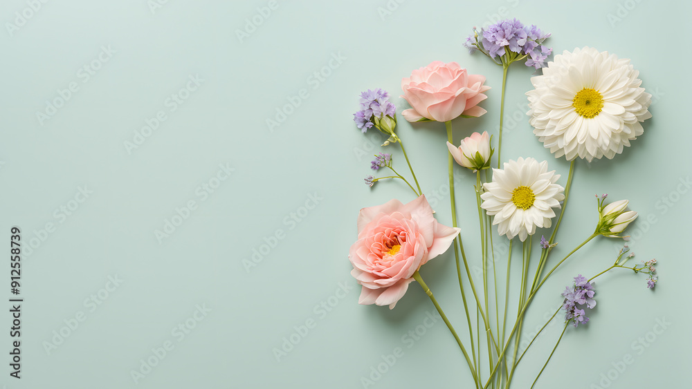 A bouquet of flowers is arranged on a green background A bouquet of flowers is arranged on a green background