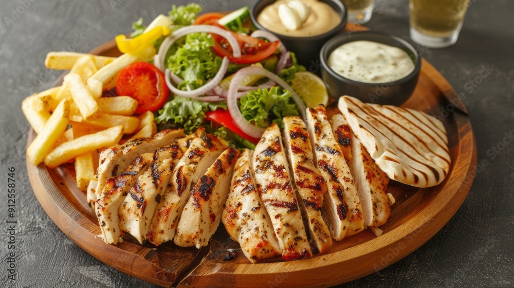 finely chopped grilled chicken, pita bread, French fries, vegetable salad and garlic sauce. minimalistic and very realistic finely chopped grilled chicken, pita bread, French fries, vegetable salad and garlic sauce. minimalistic and very realistic