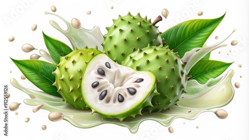 Vibrant soursop juice splatters and droplets isolated on a transparent background, perfect for design elements, beverage advertising, and healthy food illustrations. photo
