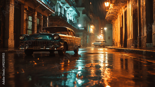  Havana at night, a deserted alley. Colonial buildings, retro cars, warm lantern light. The reflection of ancient facades and cars in the rainwater gives the scene nostalgia.