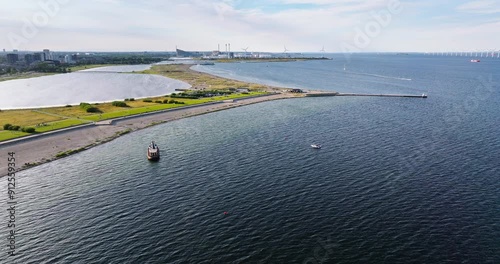 Aerial drone view of Amager Beachpark seaside public park in Copenhagen, Denmark photo