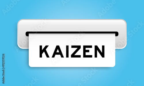 White coupon banner with word kaizen from machine on blue color background