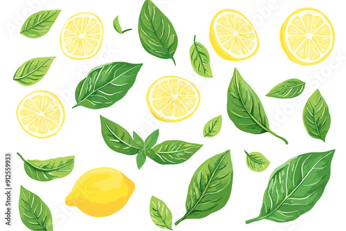 Watercolor vector illustrations of lemons and basil leaves. ripe lemon with green leaves on a white background for your design