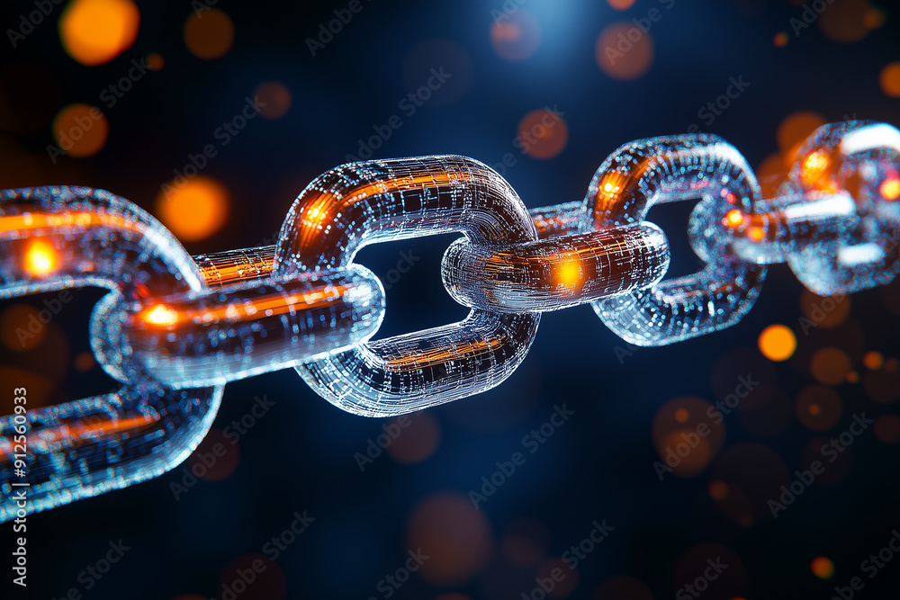3D render of blockchain chain link, glowing and sparkling with energy on a black background 3D render of blockchain chain link, glowing and sparkling with energy on a black background