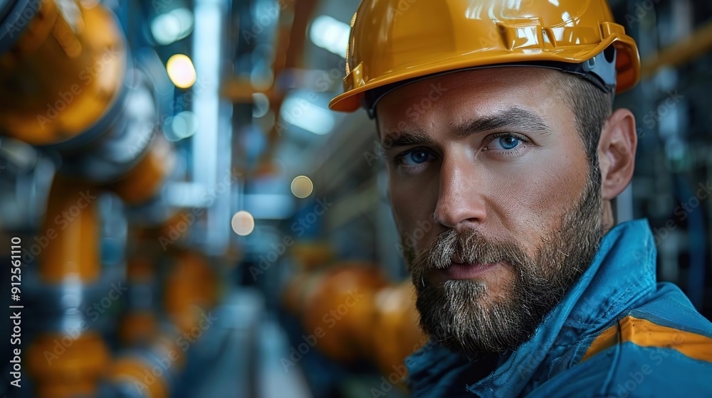Close Up of Industrial Worker in Yellow Hard Hat - Realistic Image