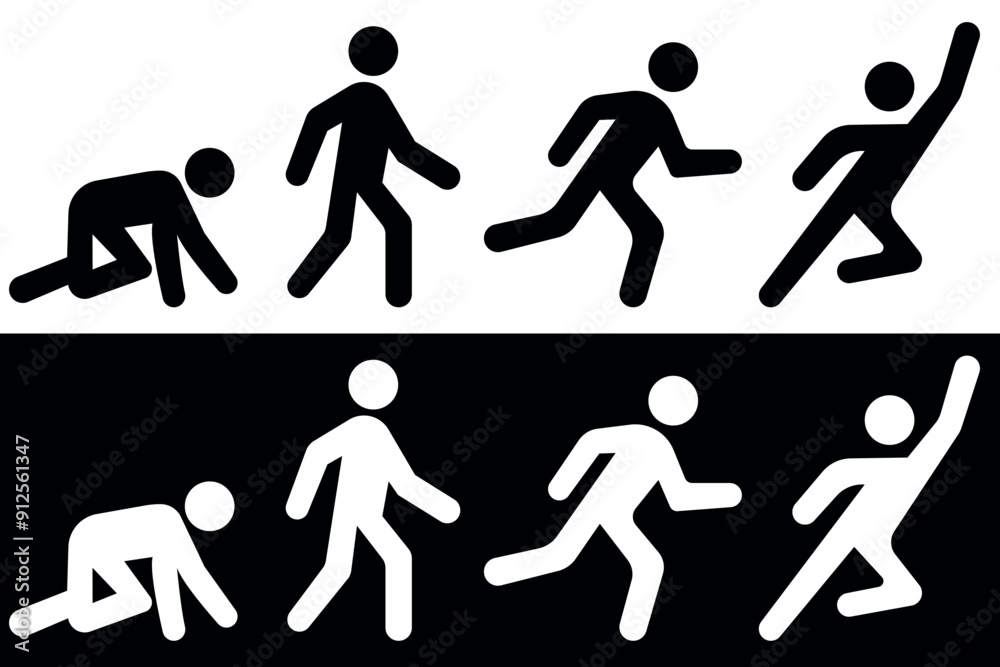 Crawl Walk Run Fly pictogram black and white icon set. Clipart image ...