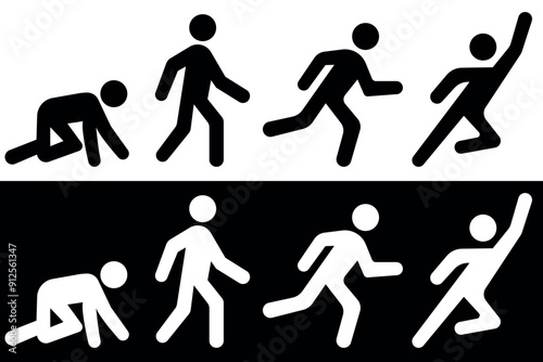 Crawl Walk Run Fly pictogram black and white icon set. Clipart image isolated on black and white background
