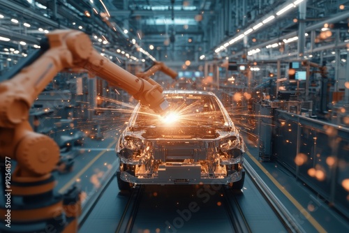 A sophisticated robotic arm performs precise welding on a car frame amidst a bustling, high-tech automobile manufacturing factory, highlighting automation and efficiency. photo