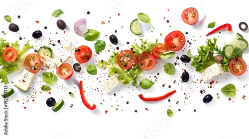 Fresh Salad Ingredients Scattered on White Background