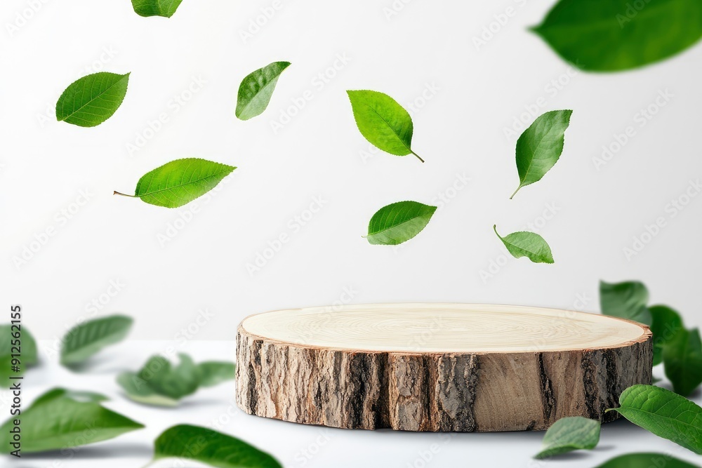 Wood slice podium and green flying leaves on white background. Concept scene stage showcase for new product, promotion sale, banner, presentation, cosmetic. Wooden stand studio empty, ai Wood slice podium and green flying leaves on white background. Concept scene stage showcase for new product, promotion sale, banner, presentation, cosmetic. Wooden stand studio empty, ai
