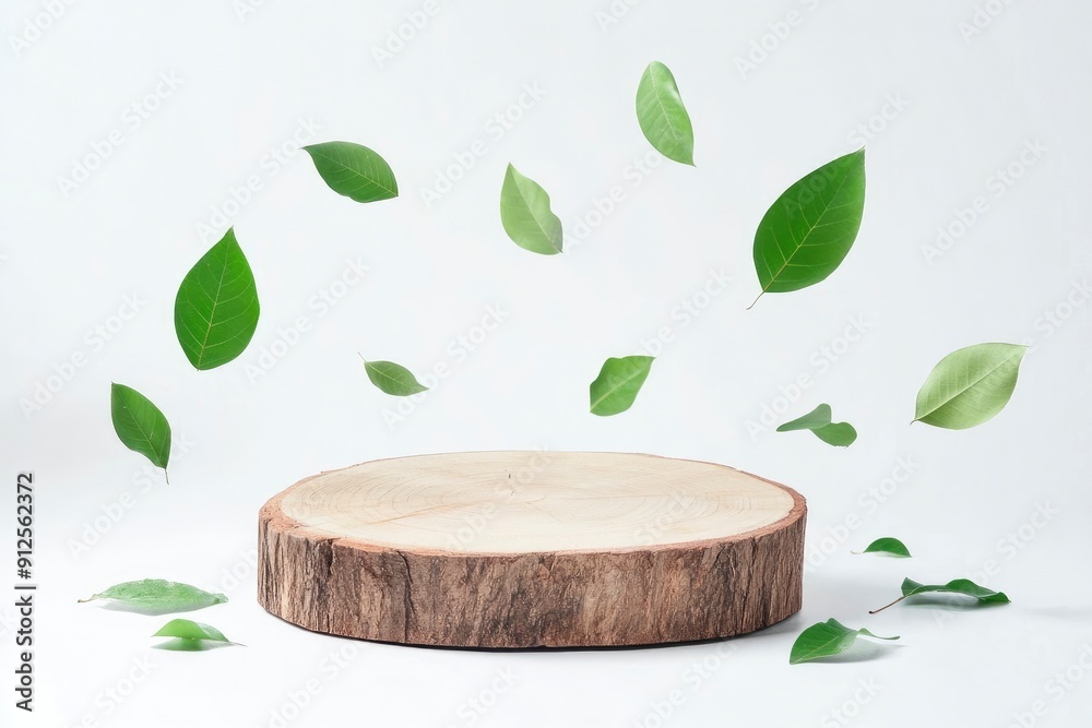 Wood slice podium and green flying leaves on white background. Concept scene stage showcase for new product, promotion sale, banner, presentation, cosmetic. Wooden stand studio empty, ai