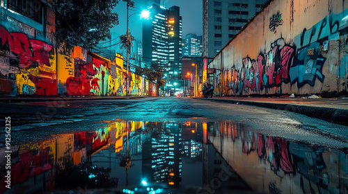 Night street of Sao Paulo, Brazil. A deserted area, modern buildings, street graffiti. Bright lanterns and shadows of skyscrapers, reflections of lights and graffiti in puddles create dynamism.