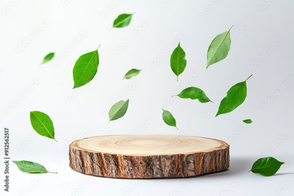 Wood slice podium and green flying leaves on white background. Concept scene stage showcase for new product, promotion sale, banner, presentation, cosmetic. Wooden stand studio empty, ai Wood slice podium and green flying leaves on white background. Concept scene stage showcase for new product, promotion sale, banner, presentation, cosmetic. Wooden stand studio empty, ai
