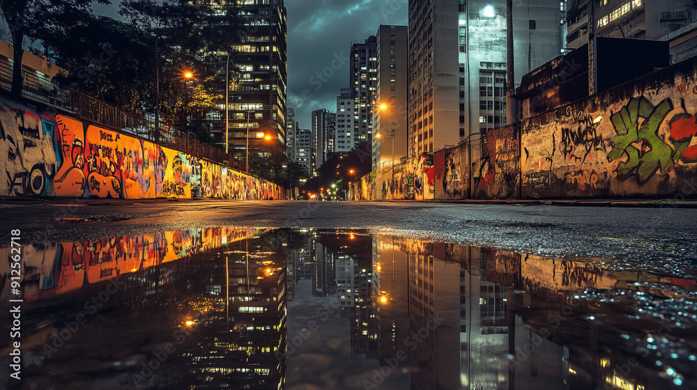 Naklejka premium A deserted area, modern buildings, graffiti. Bright street lights and shadows of skyscrapers. Reflections of graffiti and lights in puddles create a dynamic atmosphere.