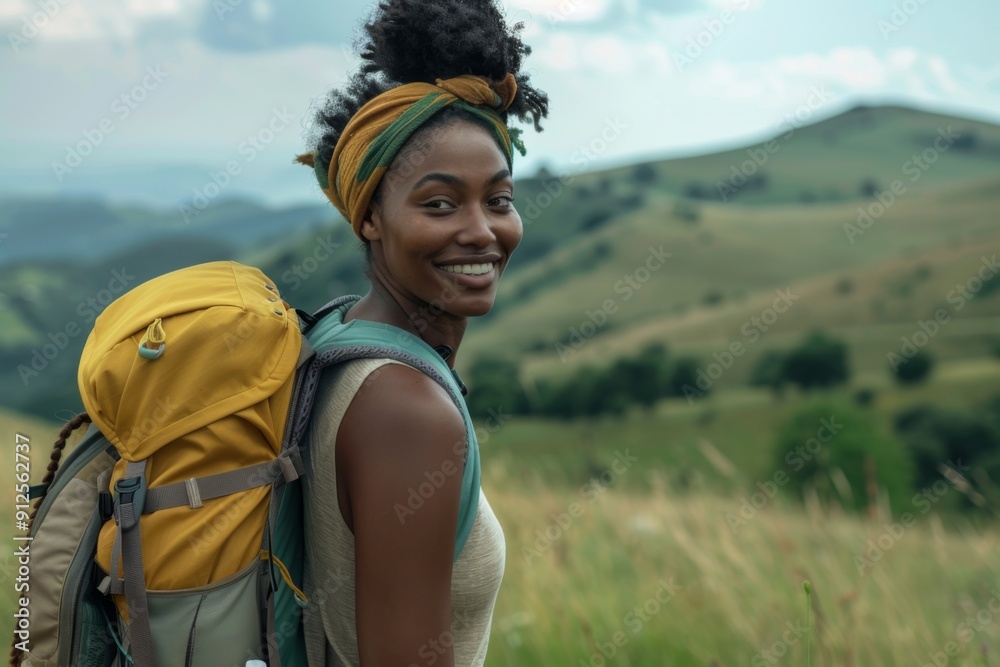 Naklejka premium Portrait of a young black woman hiking in beautiful scenery during summer