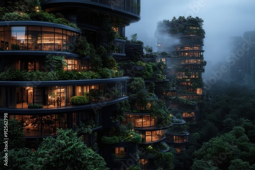 An evocative depiction of residential towers nestled within a thriving forest, capturing the essence of urban living blended seamlessly with natural surroundings and modern comfort.