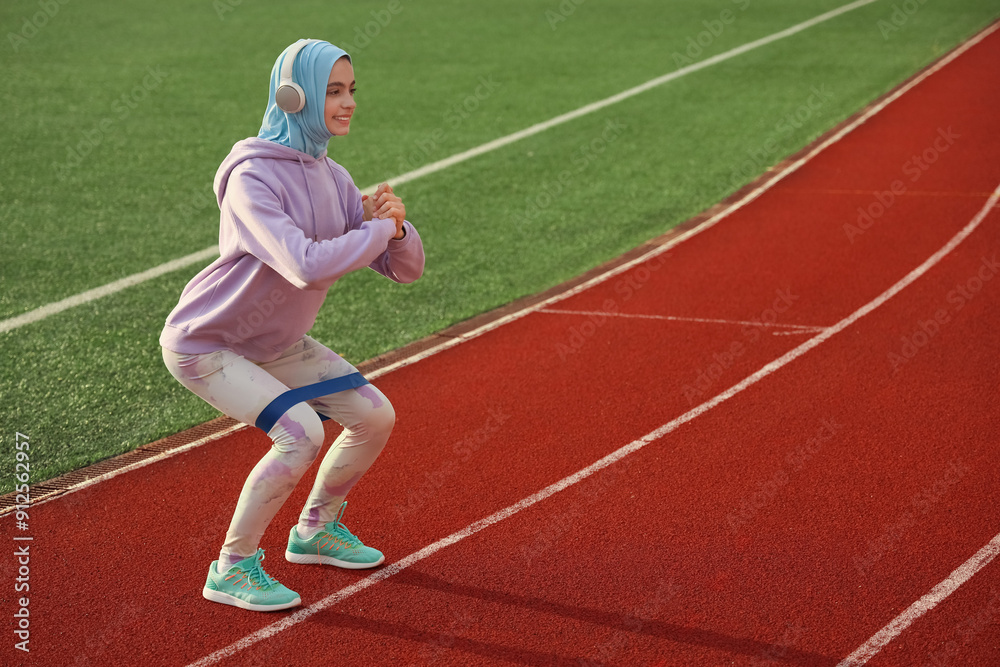 Sporty Muslim woman in headphones training at stadium Sporty Muslim woman in headphones training at stadium