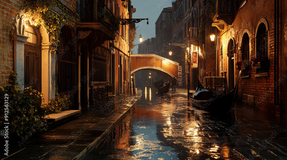 A deserted alley in Venice at night. Narrow canals and ancient bridges, the light of lanterns and the quiet splash of water. Reflections of gondolas in the canals create an atmosphere of romance A deserted alley in Venice at night. Narrow canals and ancient bridges, the light of lanterns and the quiet splash of water. Reflections of gondolas in the canals create an atmosphere of romance