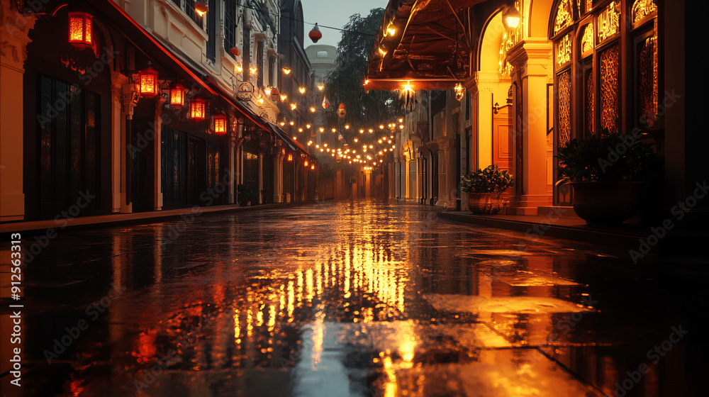A spacious, deserted space with elements of Arabic architecture. Lanterns illuminate the road, light fog, golden and red lights on puddles create a warm, cozy cinematic atmosphere. A spacious, deserted space with elements of Arabic architecture. Lanterns illuminate the road, light fog, golden and red lights on puddles create a warm, cozy cinematic atmosphere.