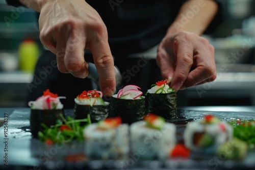 Chef preparing sushi rolls with garnishes in kitchen