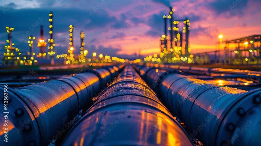 Oil refinery - chemical plant at night with buildings, pipelines and lighting - industrial plant. Oil refinery - chemical plant at night with buildings, pipelines and lighting - industrial plant.