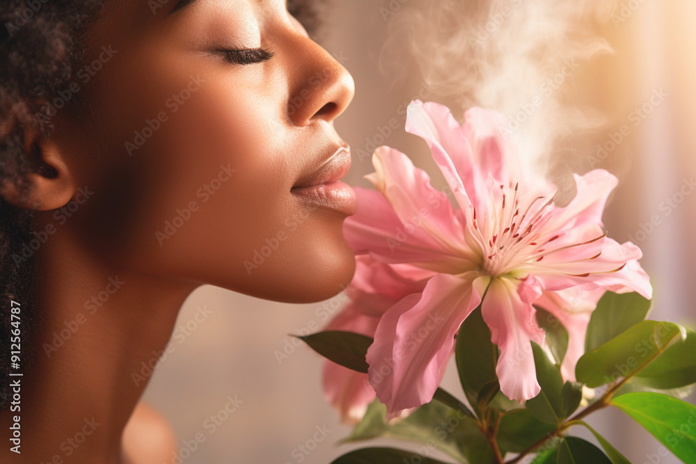 Inhaling deeply, she embraces the refreshing essence of blossoms. Smell of flowers Inhaling deeply, she embraces the refreshing essence of blossoms. Smell of flowers