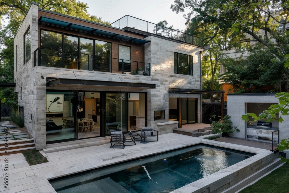 Fototapeta premium Small modern design home with backyard pool