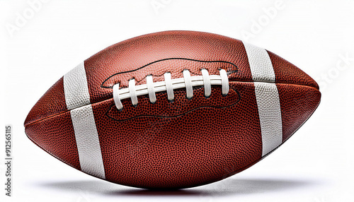 A perfectly shaped classic brown American football with white stripes on a clean white background image.