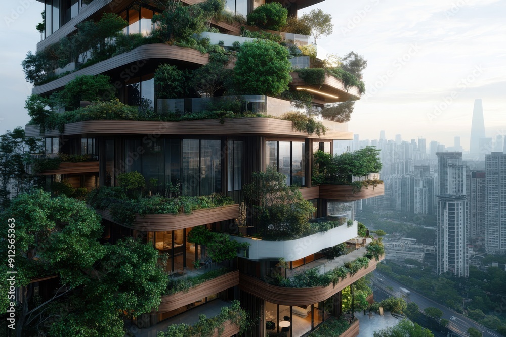 This luxurious high-rise features cascading balconies rich with greenery, combining contemporary architectural design with elements of nature, creating a serene environment in an urban setting.
